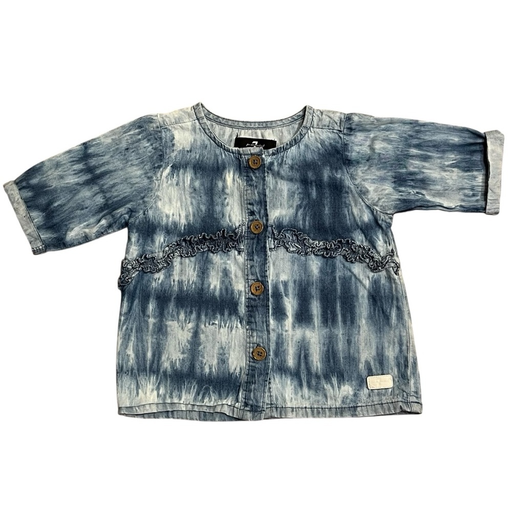 7 For All Mankind Baby Girls 24M Blue Tie Dye Denim Ruffle Button Top Western